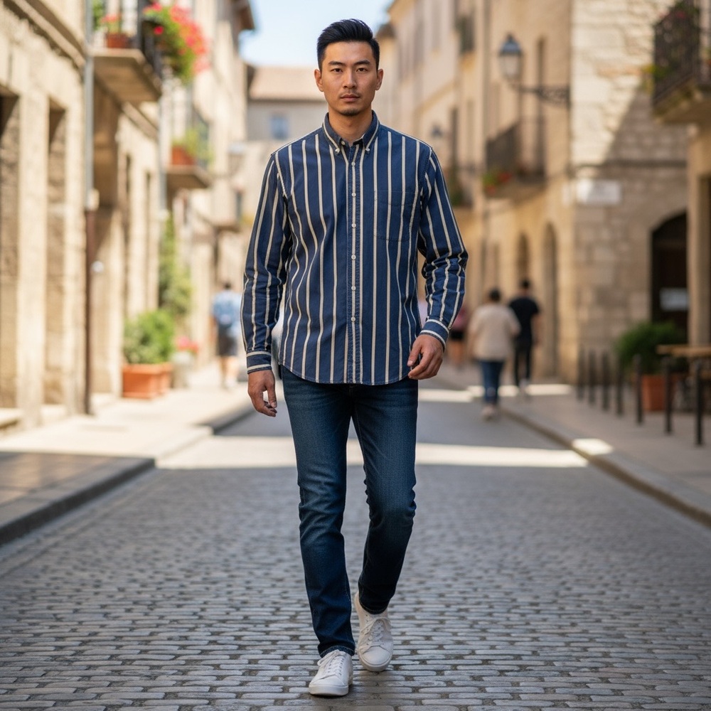 Vintage Thornton Bay Cotton Navy Blue Button-down With Yellow & White Stripes